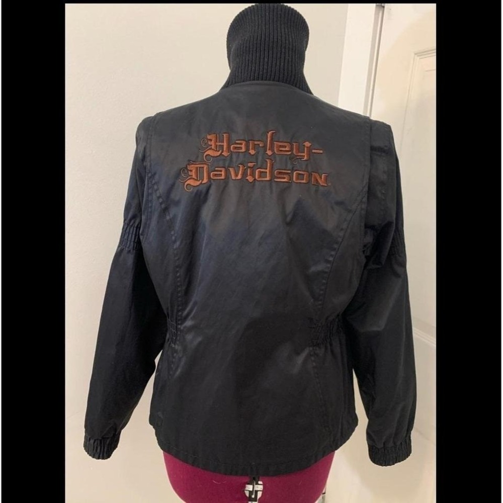 Harley-Davidson Womens Black Embroidered Moto Bomber Jacket Orange Lining Med